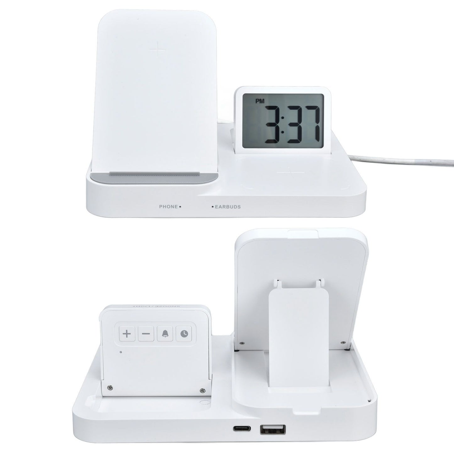 3 in 1 LCD Digital Alarm Clock with Phone Earphone Wireless Charger USB Powered for Home Office White V1294-YM0523-3115210213311