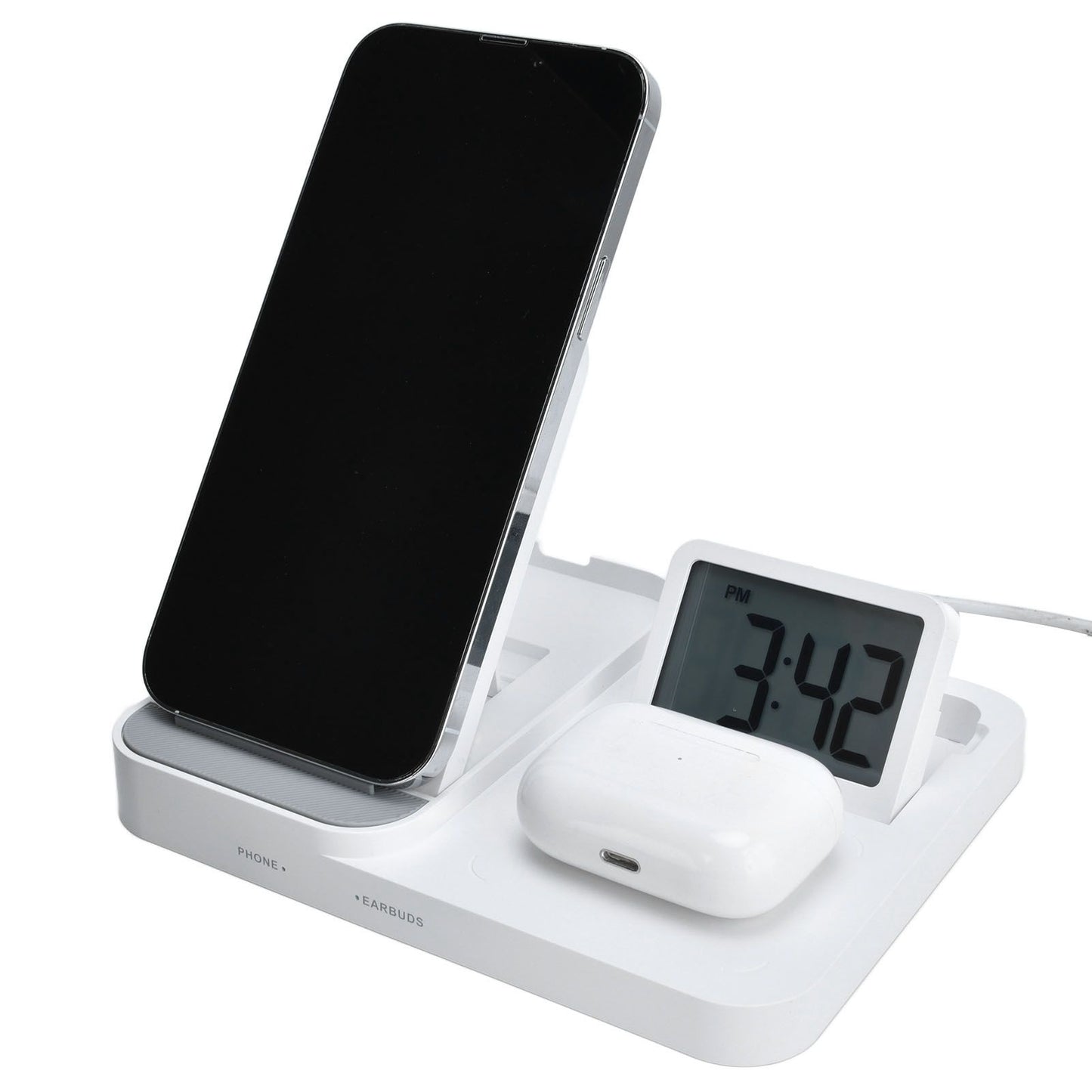 3 in 1 LCD Digital Alarm Clock with Phone Earphone Wireless Charger USB Powered for Home Office White V1294-YM0523-3115210213311