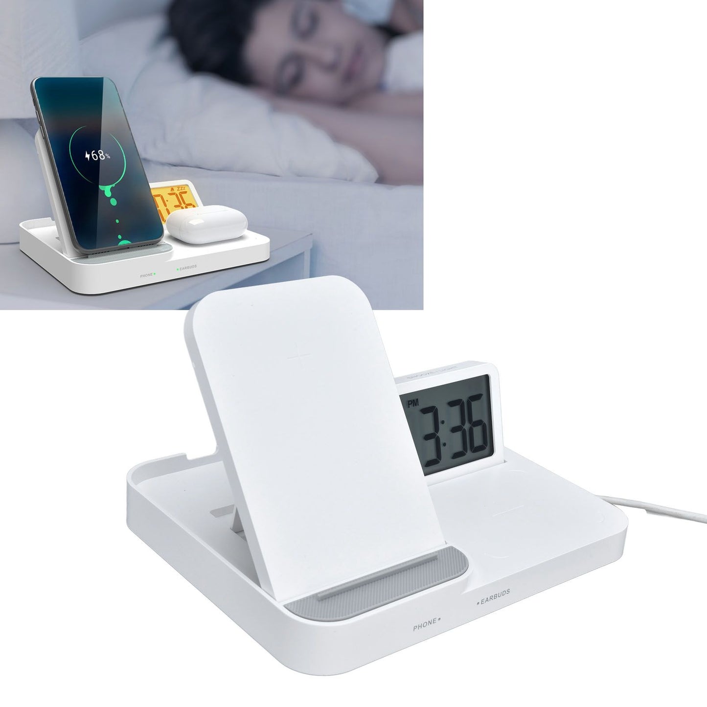 3 in 1 LCD Digital Alarm Clock with Phone Earphone Wireless Charger USB Powered for Home Office White V1294-YM0523-3115210213311
