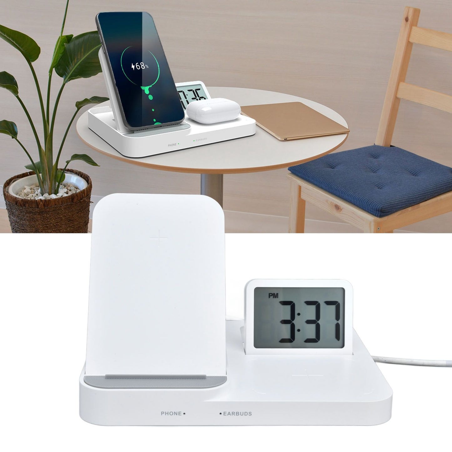 3 in 1 LCD Digital Alarm Clock with Phone Earphone Wireless Charger USB Powered for Home Office White V1294-YM0523-3115210213311