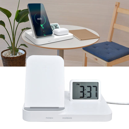 3 in 1 LCD Digital Alarm Clock with Phone Earphone Wireless Charger USB Powered for Home Office White V1294-YM0523-3115210213311