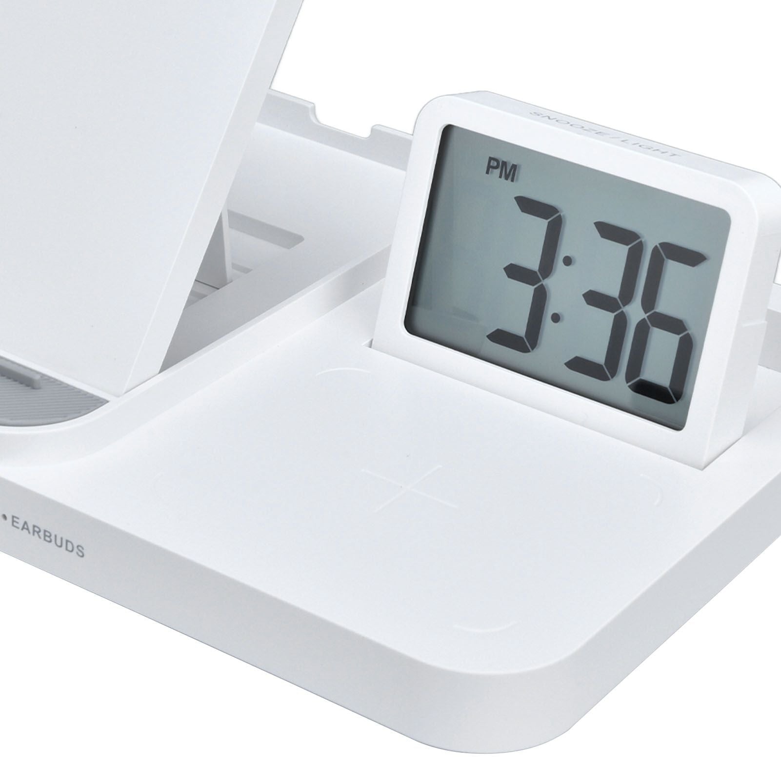 3 in 1 LCD Digital Alarm Clock with Phone Earphone Wireless Charger USB Powered for Home Office White V1294-YM0523-3115210213311