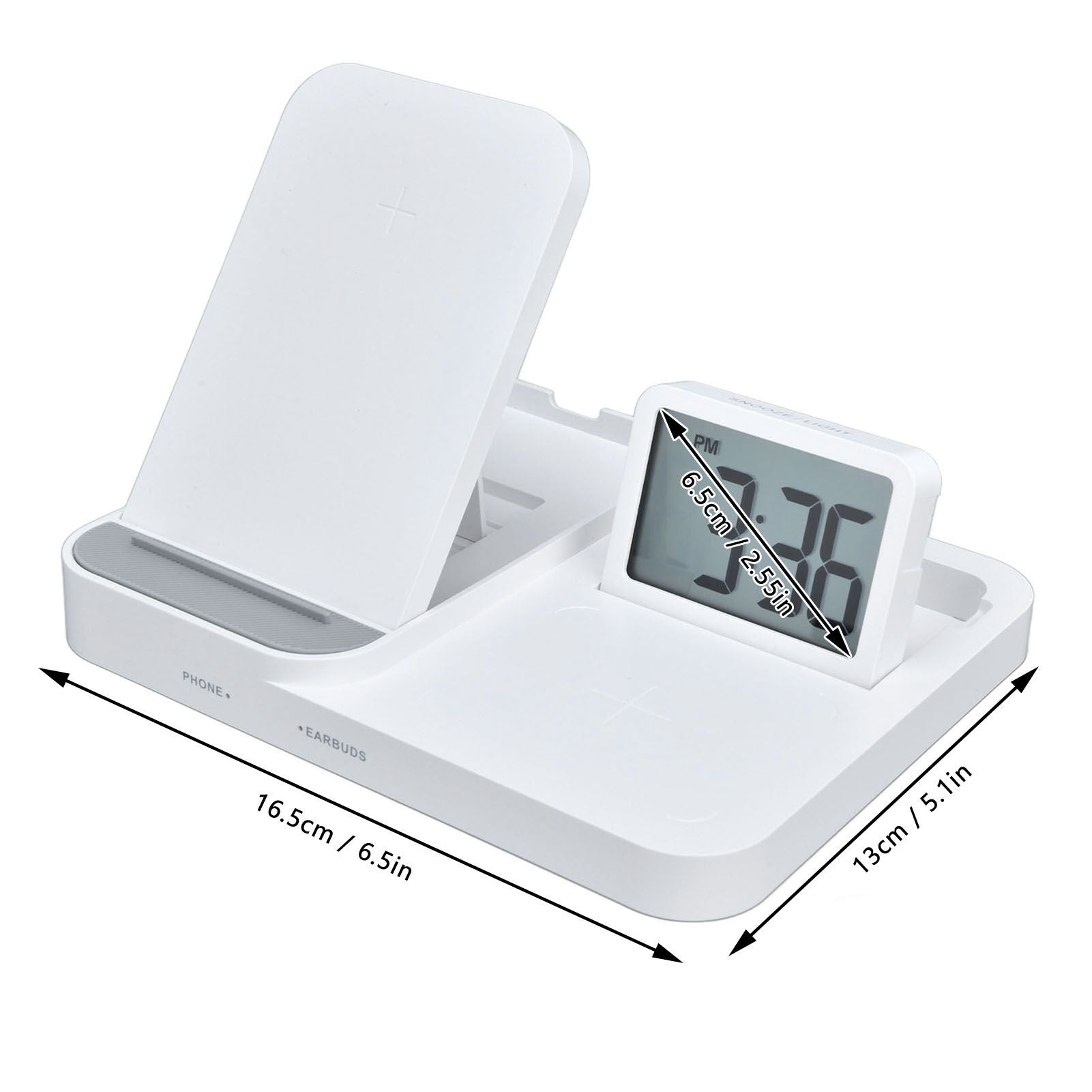 3 in 1 LCD Digital Alarm Clock with Phone Earphone Wireless Charger USB Powered for Home Office White V1294-YM0523-3115210213311