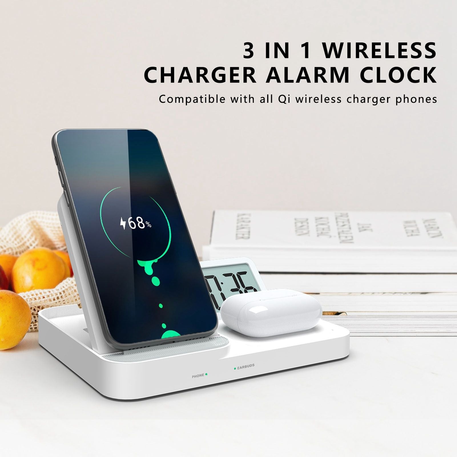 3 in 1 LCD Digital Alarm Clock with Phone Earphone Wireless Charger USB Powered for Home Office White V1294-YM0523-3115210213311