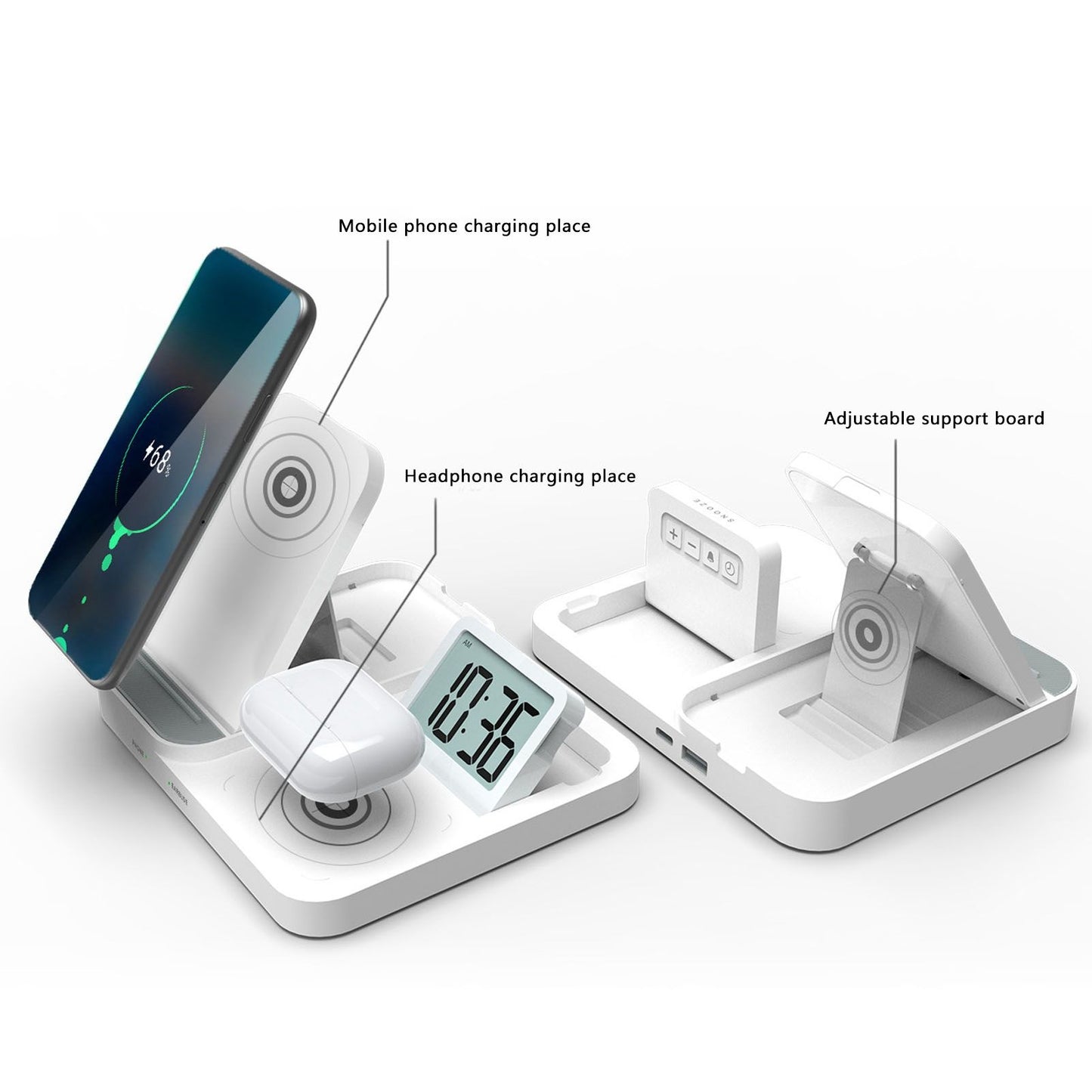 3 in 1 LCD Digital Alarm Clock with Phone Earphone Wireless Charger USB Powered for Home Office White V1294-YM0523-3115210213311
