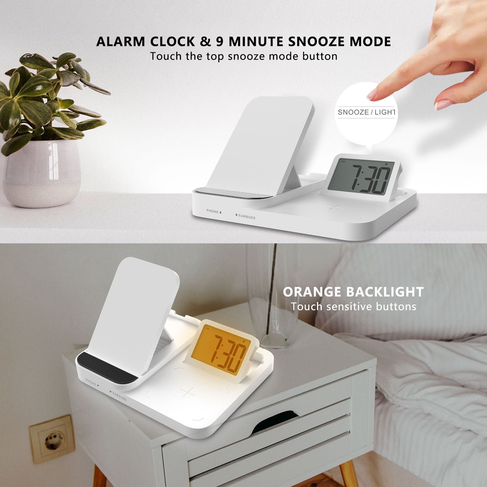 3 in 1 LCD Digital Alarm Clock with Phone Earphone Wireless Charger USB Powered for Home Office White V1294-YM0523-3115210213311