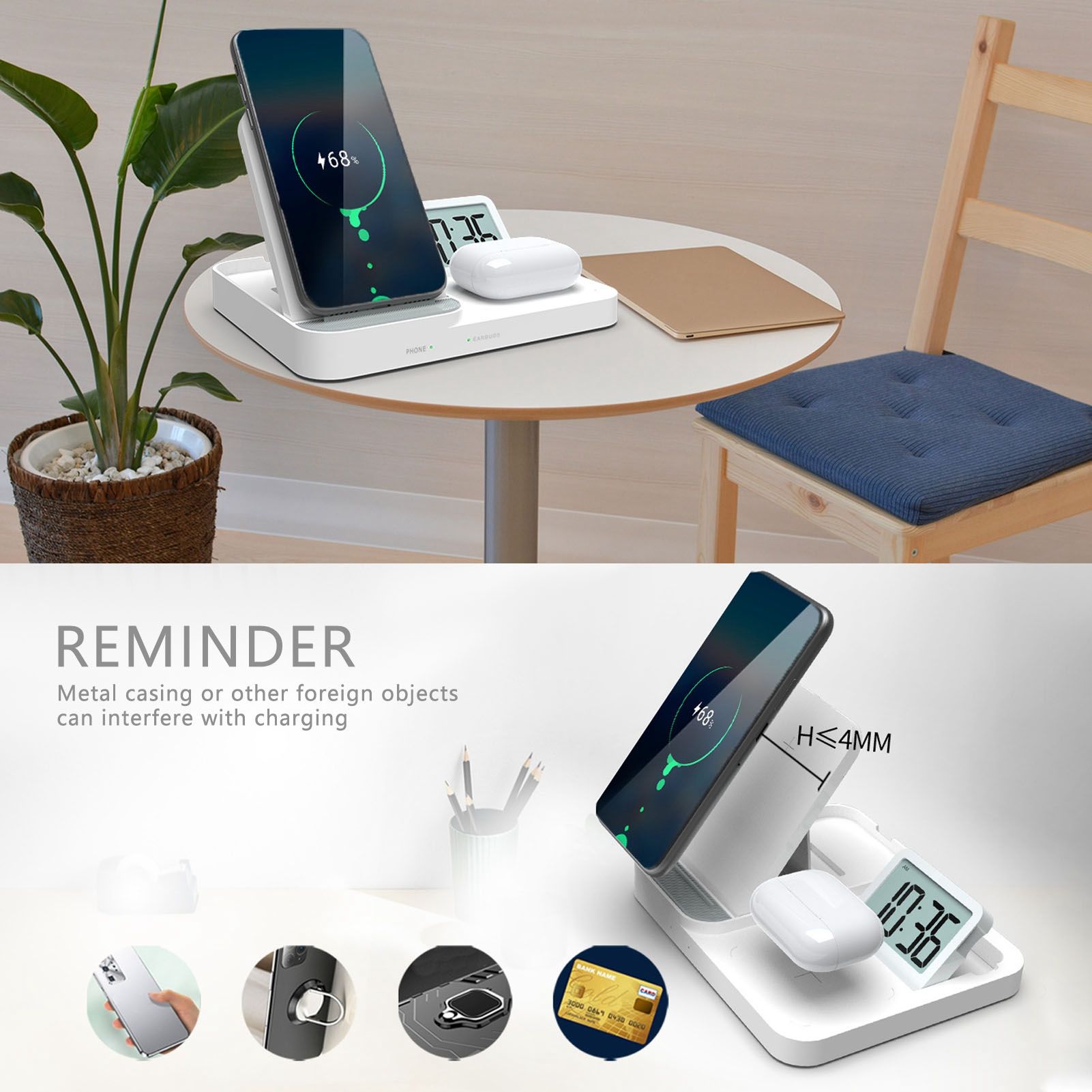 3 in 1 LCD Digital Alarm Clock with Phone Earphone Wireless Charger USB Powered for Home Office White V1294-YM0523-3115210213311