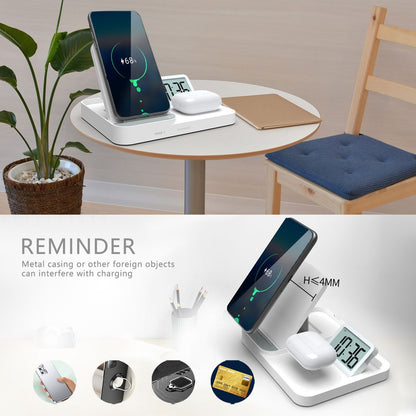 3 in 1 LCD Digital Alarm Clock with Phone Earphone Wireless Charger USB Powered for Home Office White V1294-YM0523-3115210213311