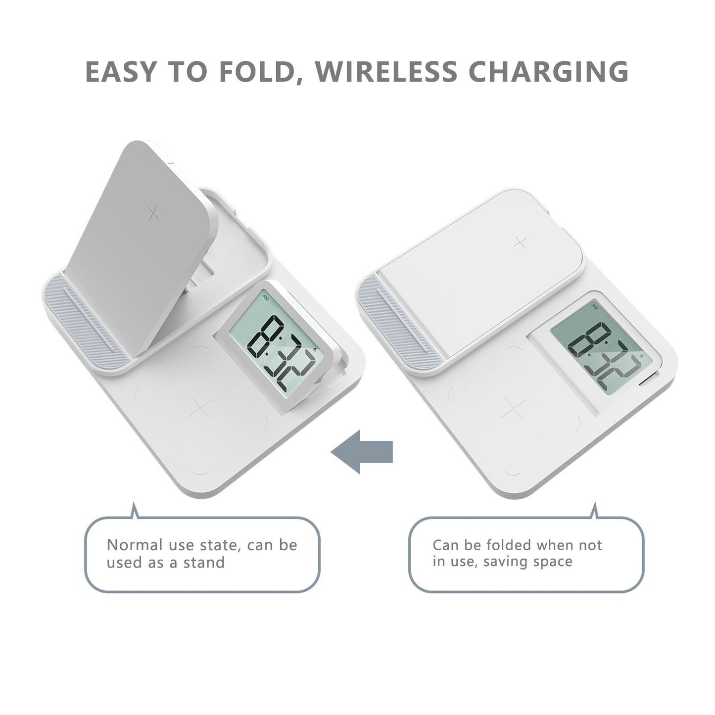 3 in 1 LCD Digital Alarm Clock with Phone Earphone Wireless Charger USB Powered for Home Office White V1294-YM0523-3115210213311
