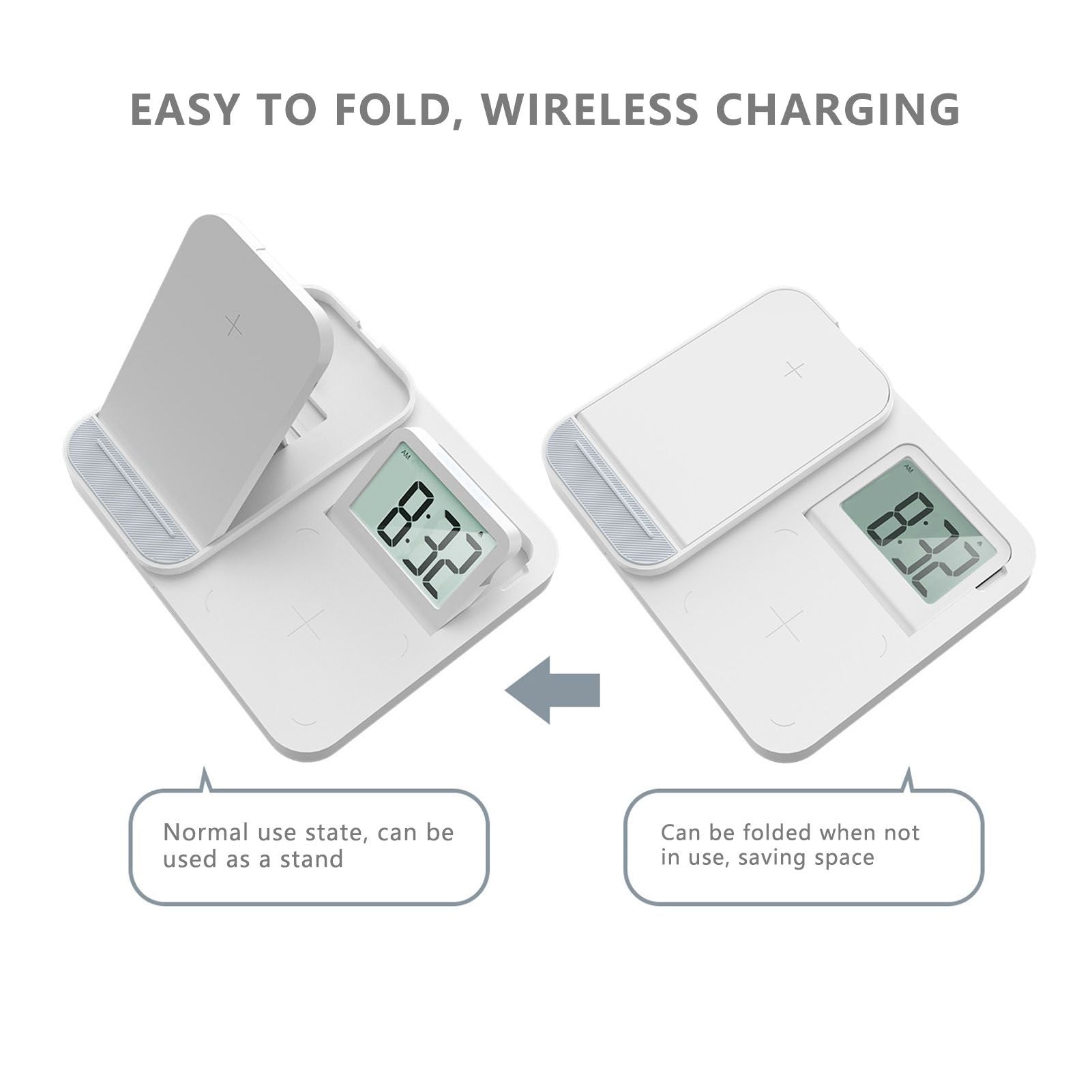 3 in 1 LCD Digital Alarm Clock with Phone Earphone Wireless Charger USB Powered for Home Office White V1294-YM0523-3115210213311