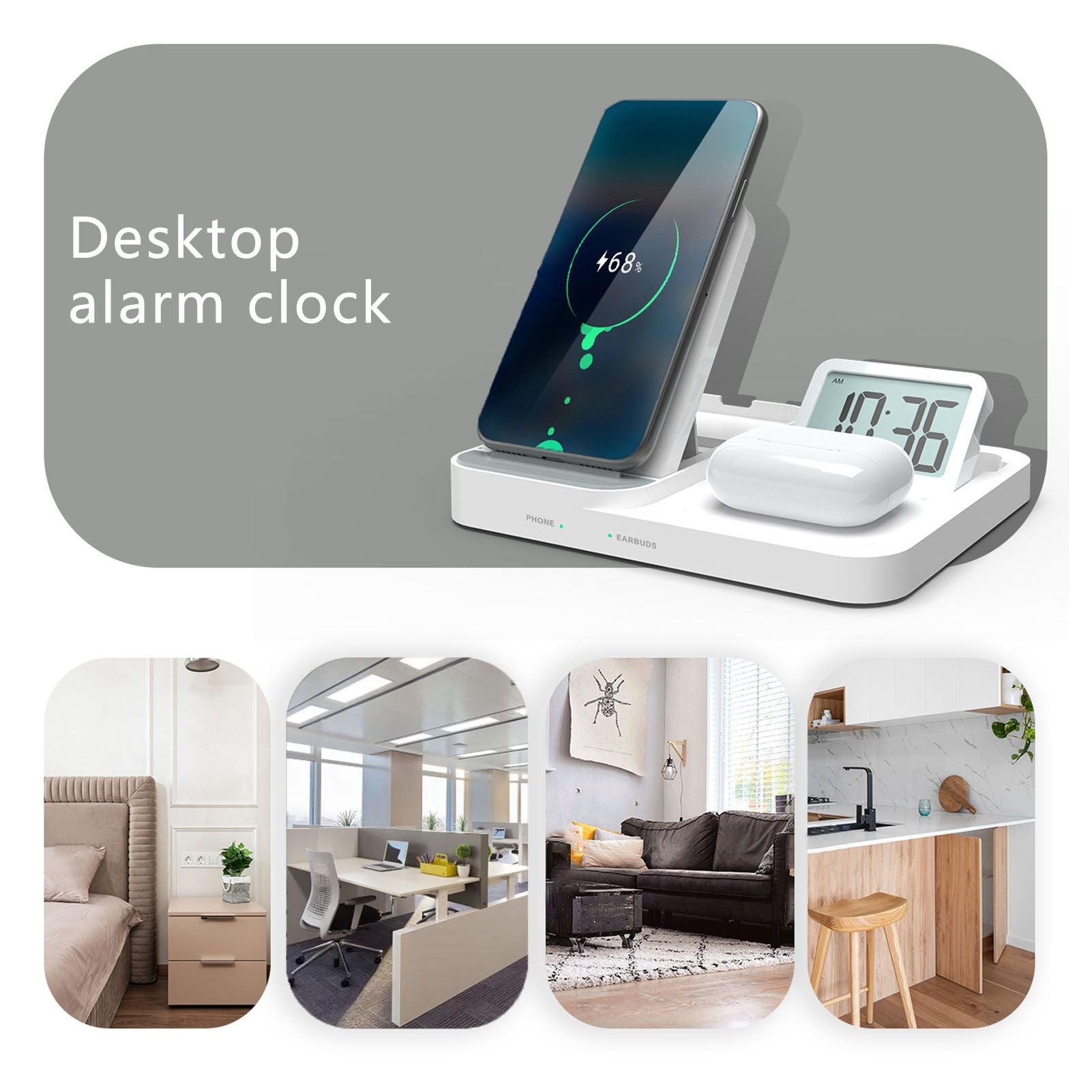 3 in 1 LCD Digital Alarm Clock with Phone Earphone Wireless Charger USB Powered for Home Office White V1294-YM0523-3115210213311