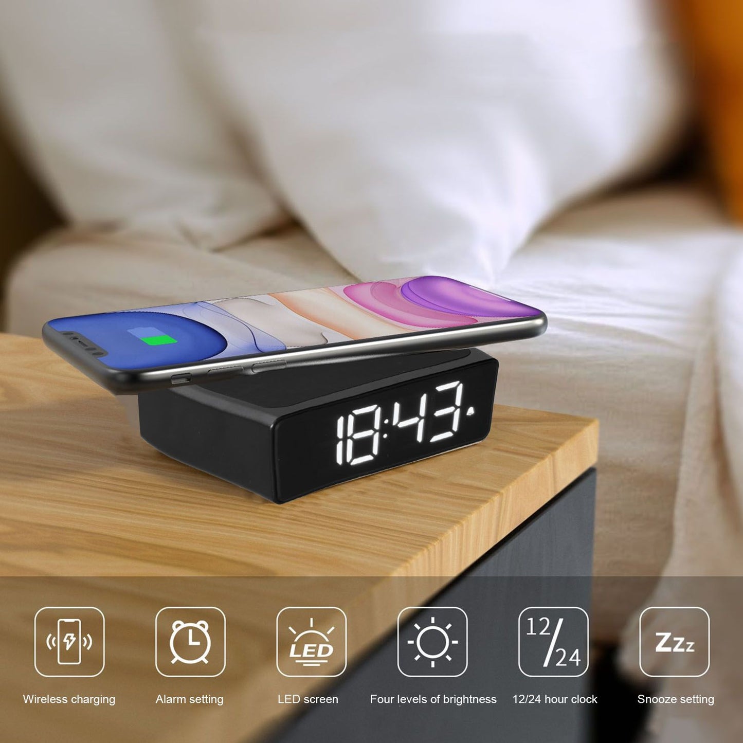 Digital Alarm Clock 3 In1 LED Desktop Digital Clock with Wireless Charging USB Power Supply for Bedroom V1294-YM0523-3115210217911