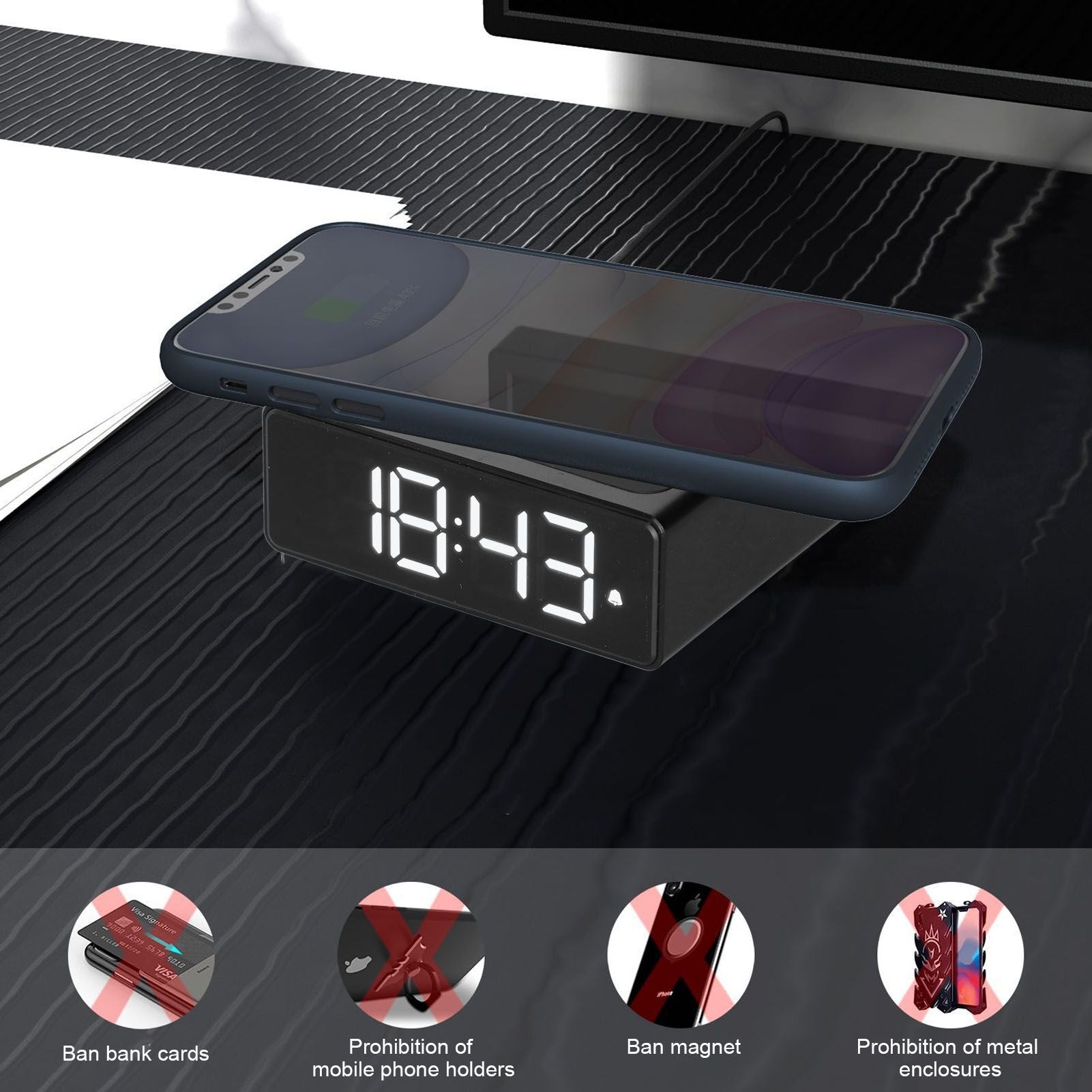 Digital Alarm Clock 3 In1 LED Desktop Digital Clock with Wireless Charging USB Power Supply for Bedroom V1294-YM0523-3115210217911