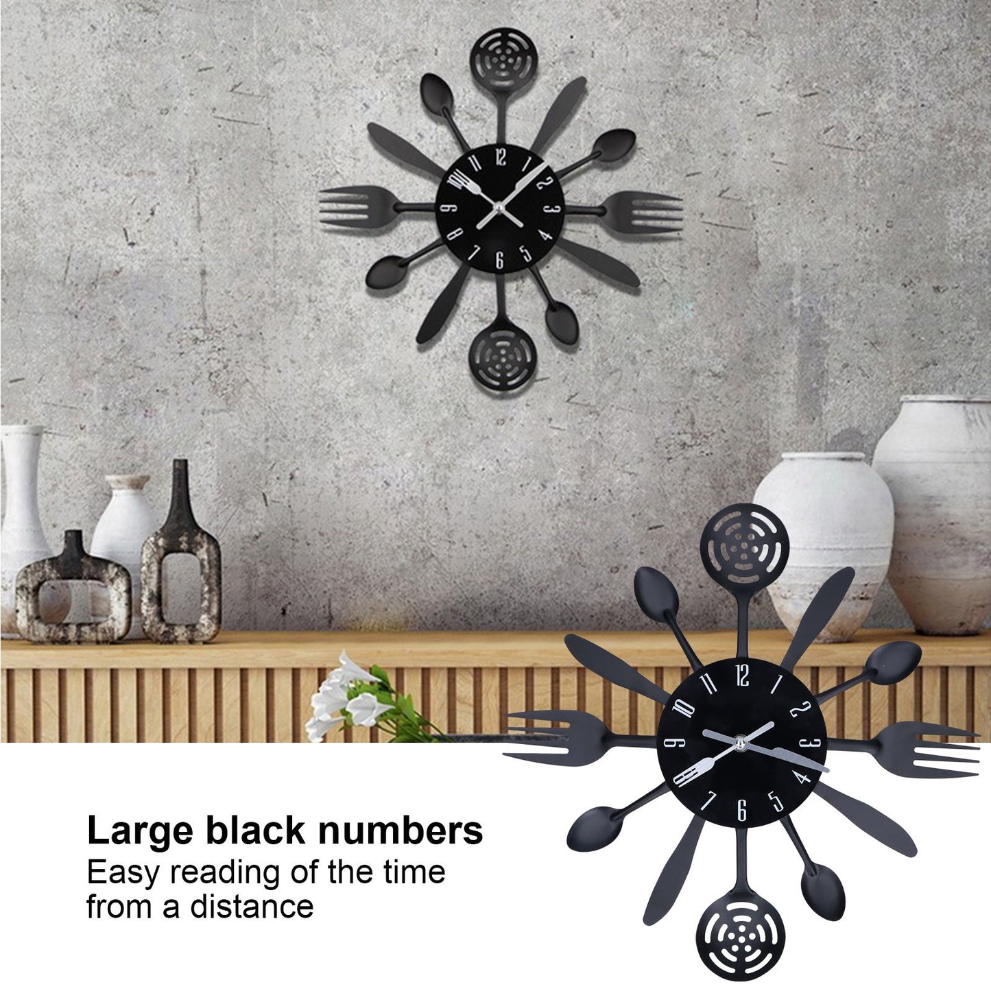 Black Kitchen Wall Clock Removable Modern Cutlery Kitchen Spoon Fork Wall Clock Home Decoration V1294-YM0523-3115210218311