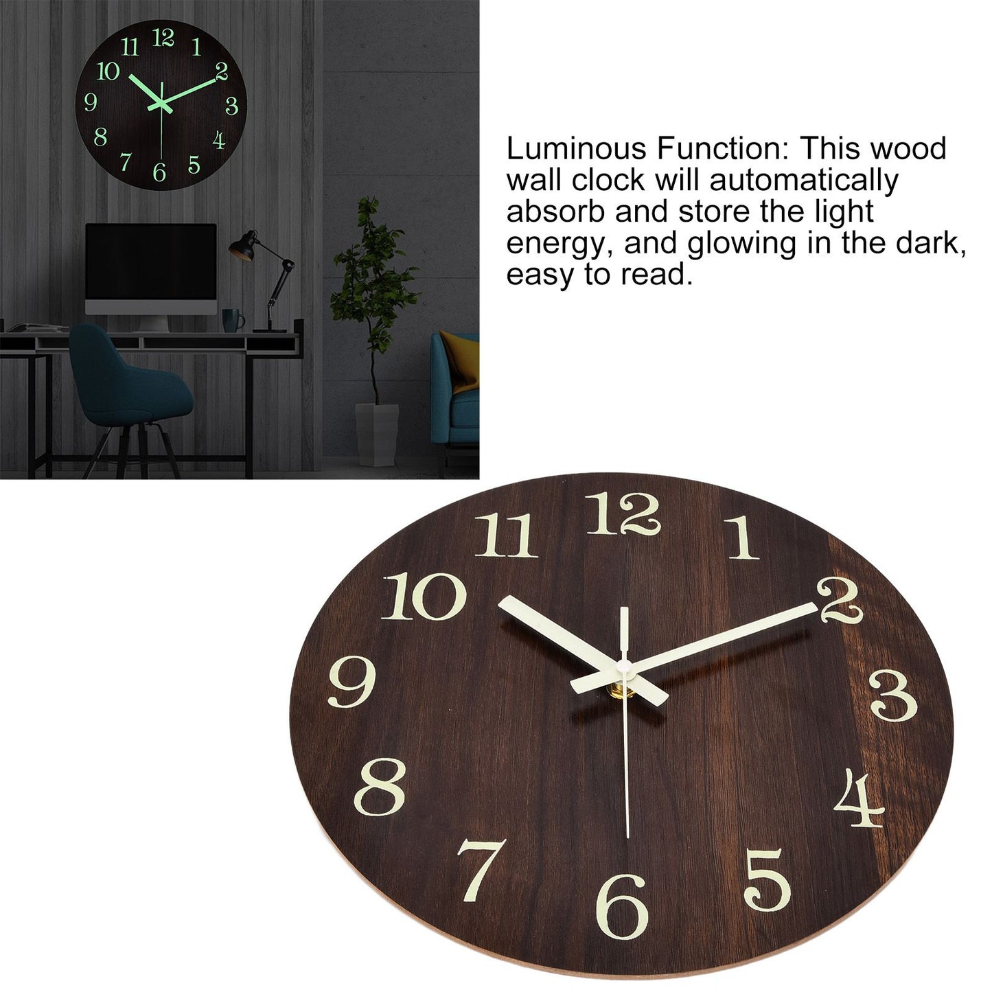 Wood Wall Clock Retro Style Quiet Silent Quartz Movement 3D Luminous Retro Wall Clock for Bedroom Office V1294-YM0523-3115210218811