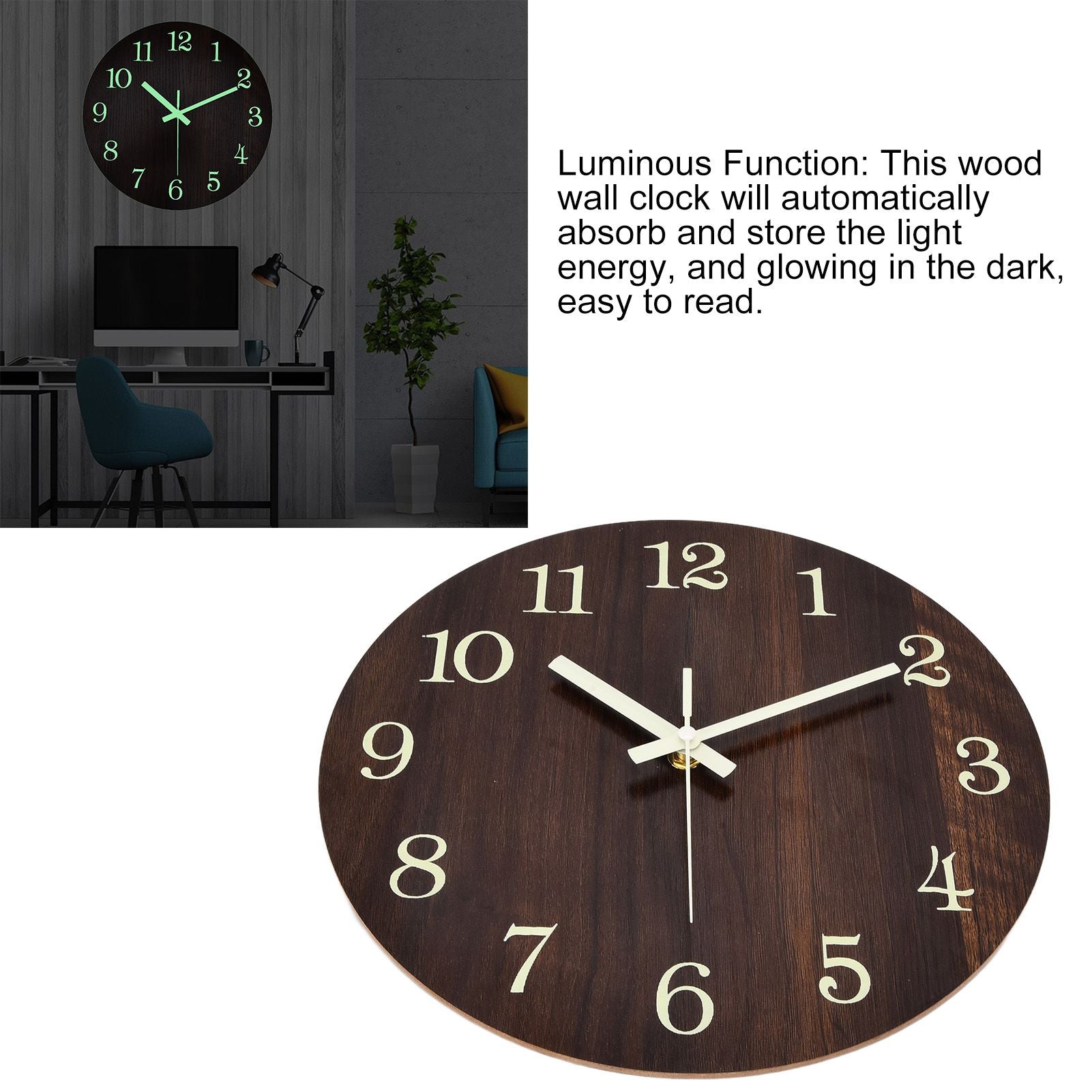 Wood Wall Clock Retro Style Quiet Silent Quartz Movement 3D Luminous Retro Wall Clock for Bedroom Office V1294-YM0523-3115210218811