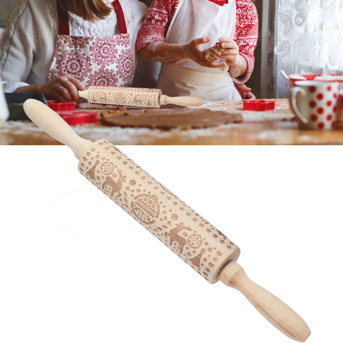 Christmas Rolling Pin Christmas Embrossed Wooden Rolling Pins with Reindeer Pattern for Baking Cookies V1294-YM0523-3115210219011