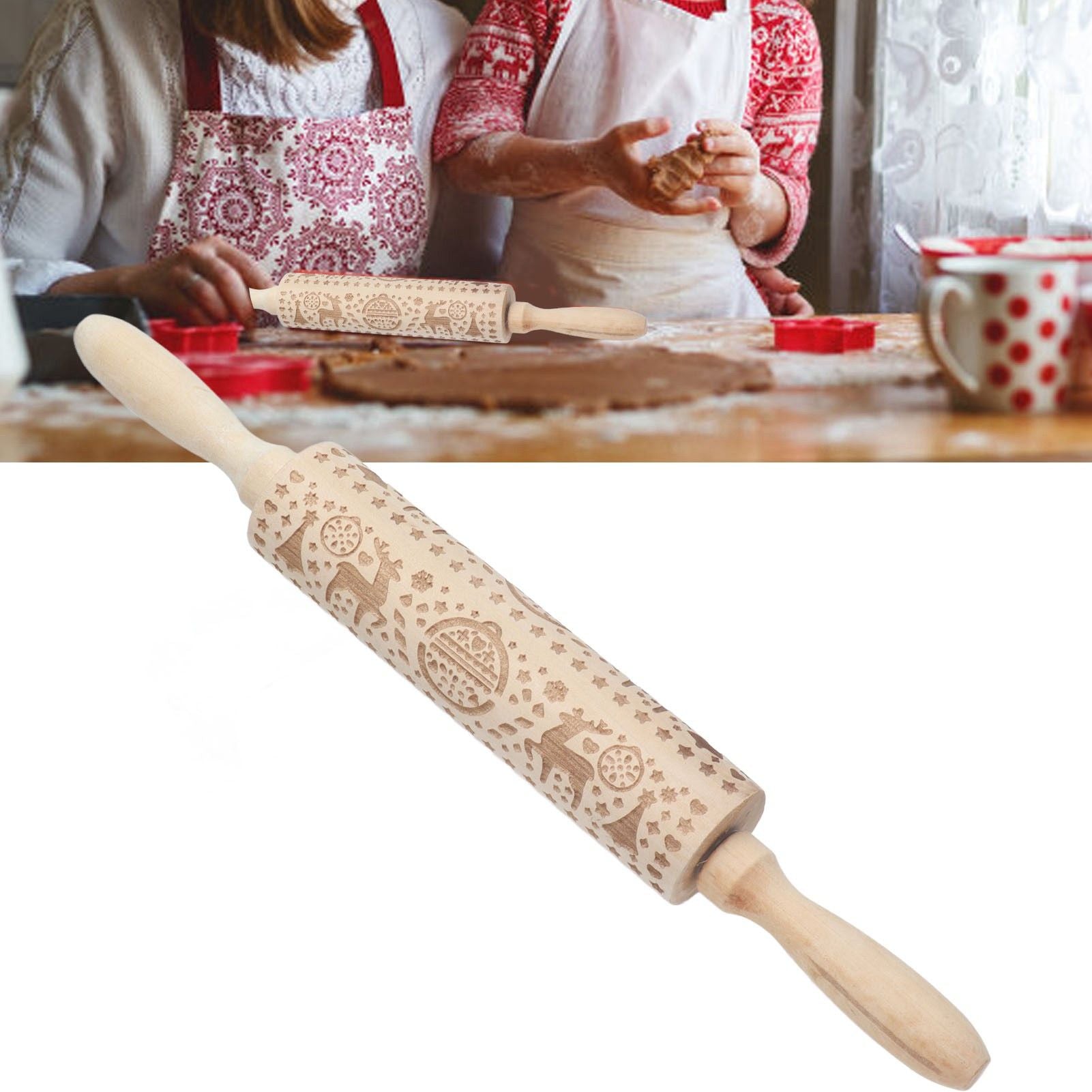 Christmas Rolling Pin Christmas Embrossed Wooden Rolling Pins with Reindeer Pattern for Baking Cookies V1294-YM0523-3115210219011