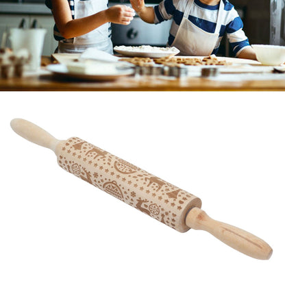 Christmas Rolling Pin Christmas Embrossed Wooden Rolling Pins with Reindeer Pattern for Baking Cookies V1294-YM0523-3115210219011