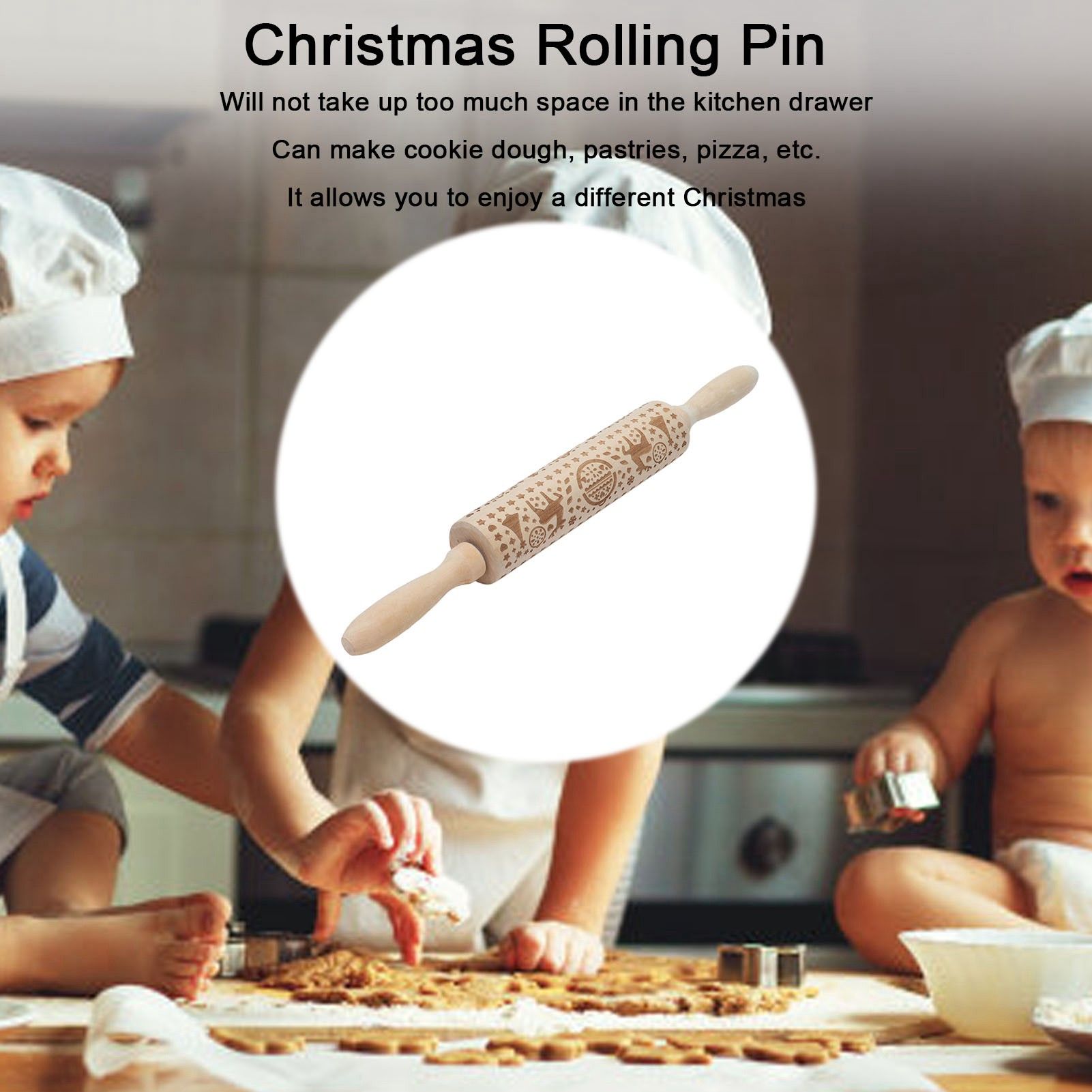 Christmas Rolling Pin Christmas Embrossed Wooden Rolling Pins with Reindeer Pattern for Baking Cookies V1294-YM0523-3115210219011