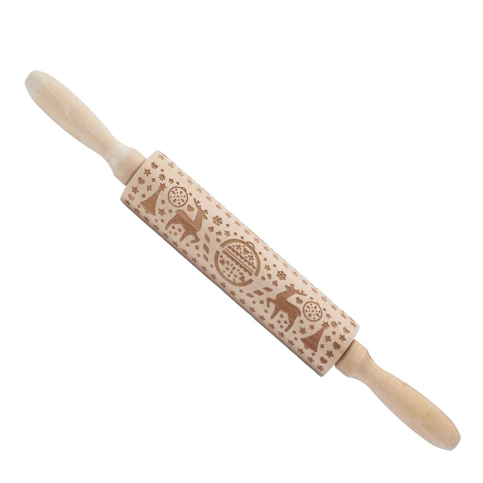 Christmas Rolling Pin Christmas Embrossed Wooden Rolling Pins with Reindeer Pattern for Baking Cookies V1294-YM0523-3115210219011