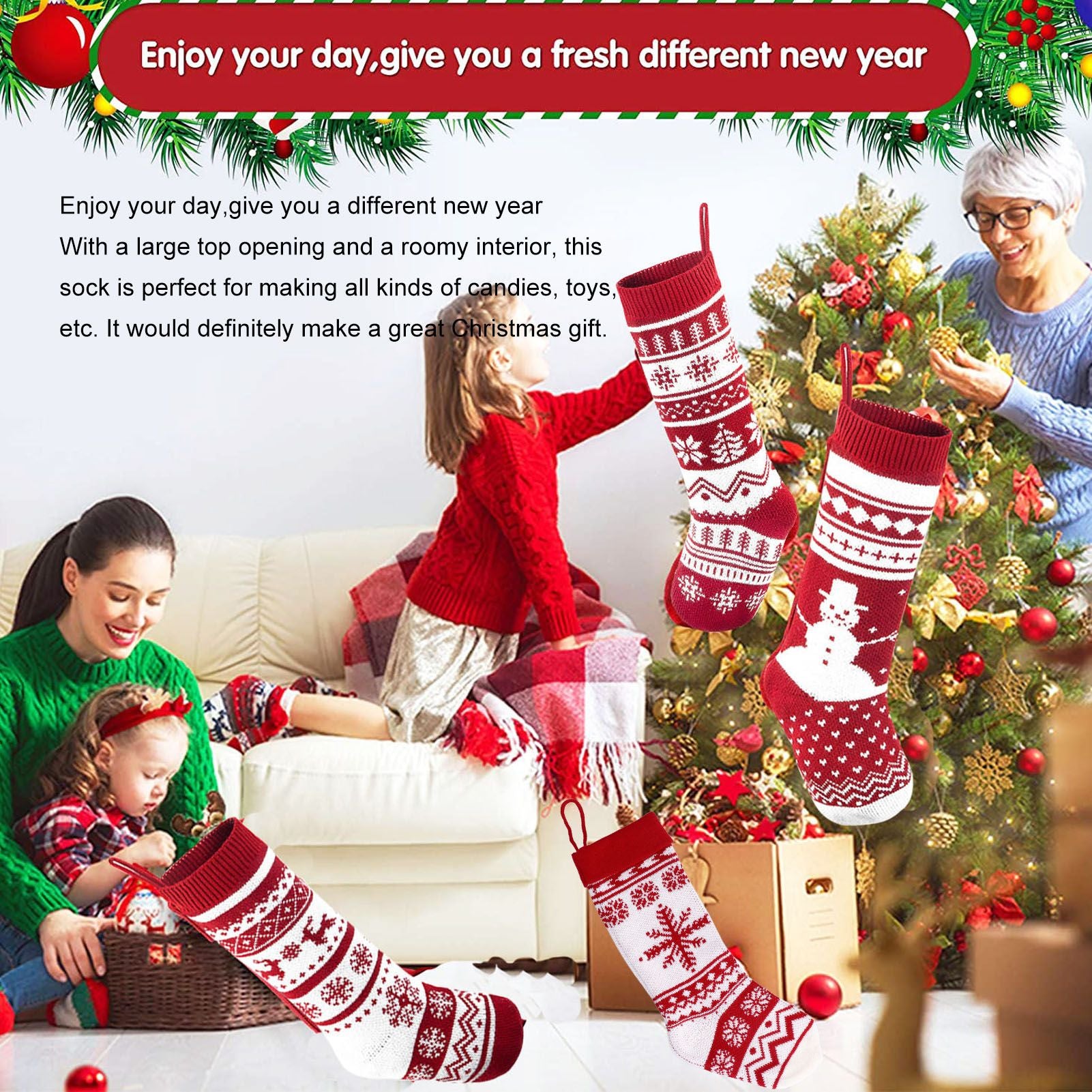 Large Knitted Christmas Stocking with Candy Bag Lovely Christmas Decorations Hanging StockingsChristmas Trees V1294-YM0523-3115210221813