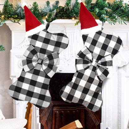 Christmas Tree Decorations Polyester Grids Pattern Christmas Hanging Stocking Pendant Children Gift Bag(Black V1294-YM0523-3115210222612