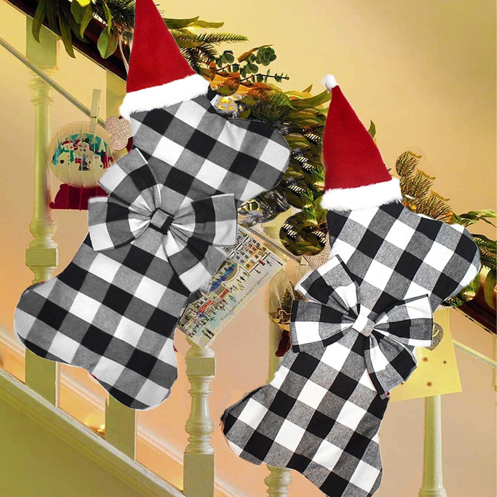 Christmas Tree Decorations Polyester Grids Pattern Christmas Hanging Stocking Pendant Children Gift Bag(Black V1294-YM0523-3115210222612