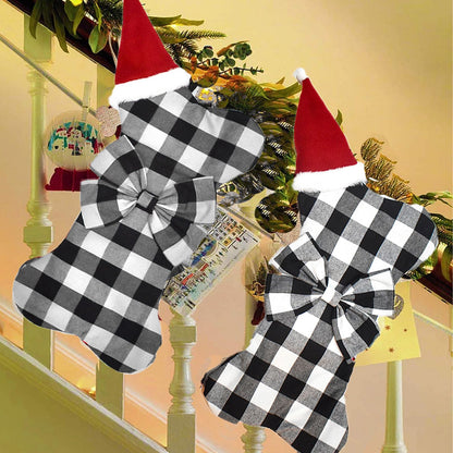 Christmas Tree Decorations Polyester Grids Pattern Christmas Hanging Stocking Pendant Children Gift Bag(Black V1294-YM0523-3115210222612