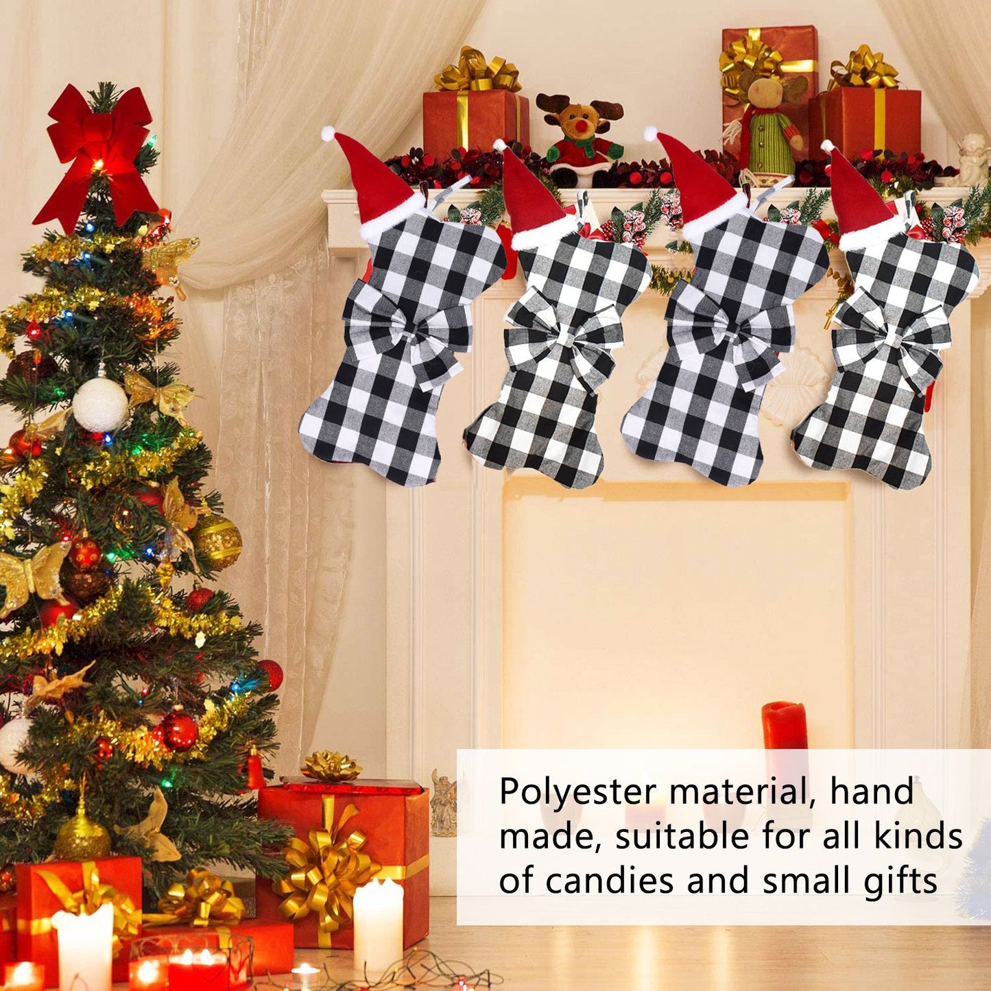 Christmas Tree Decorations Polyester Grids Pattern Christmas Hanging Stocking Pendant Children Gift Bag(Black V1294-YM0523-3115210222612