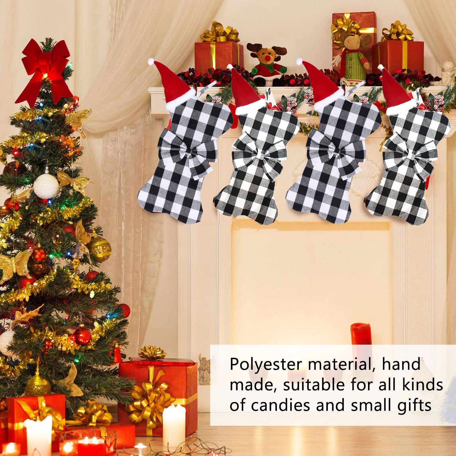 Christmas Tree Decorations Polyester Grids Pattern Christmas Hanging Stocking Pendant Children Gift Bag(Black V1294-YM0523-3115210222612