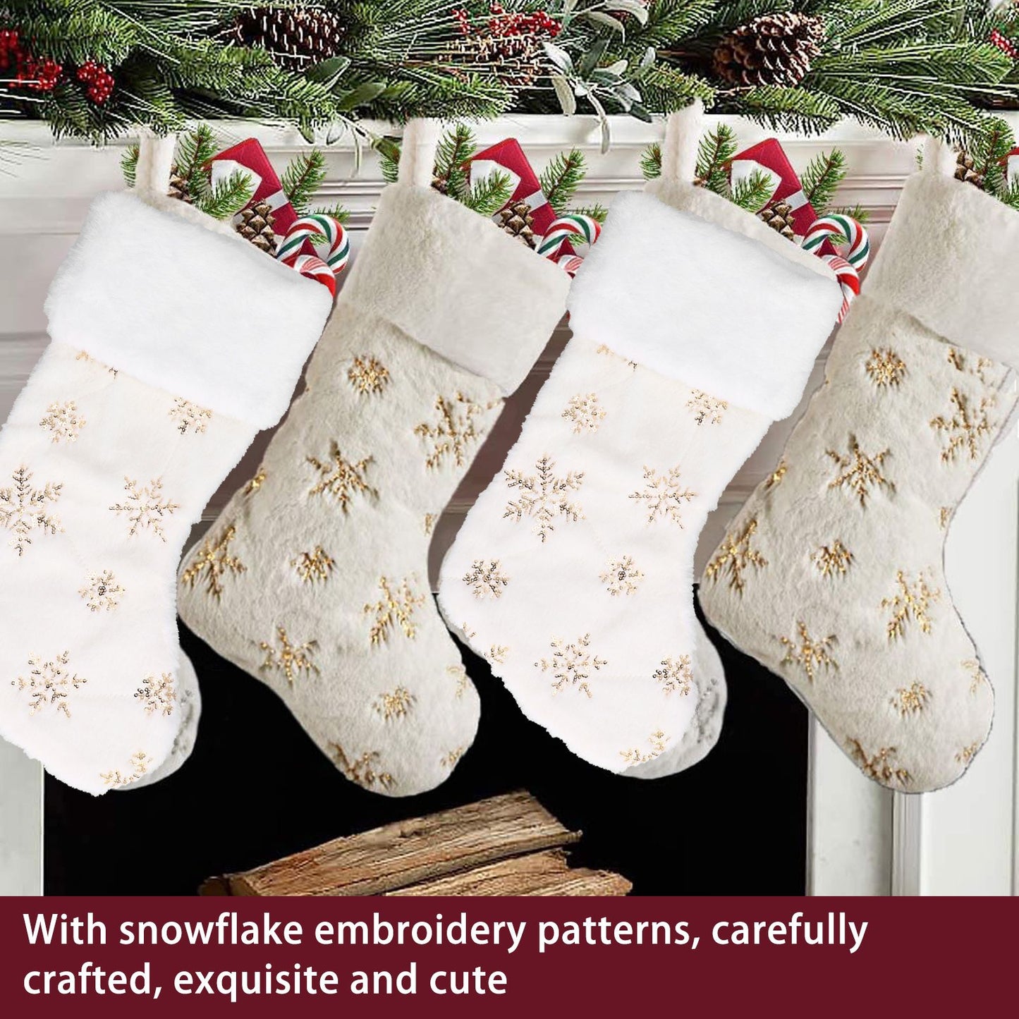 Polyester Christmas Stocking Pendant with Embroidery Snowflake Pattern Xmas Tree Decoration OrnamentGold V1294-YM0523-3115210222711
