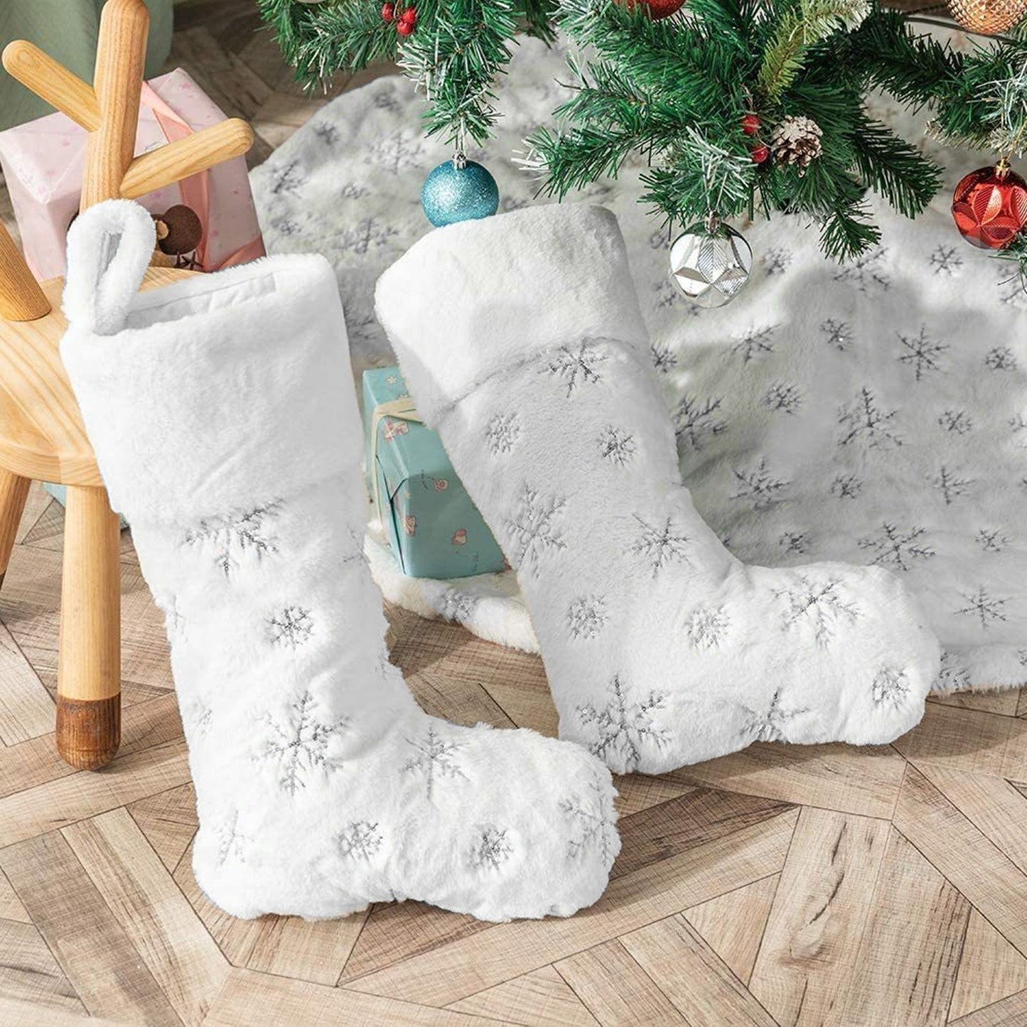 Polyester Christmas Stocking Pendant with Embroidery Snowflake Pattern Xmas Tree Decoration OrnamentSilver V1294-YM0523-3115210222712