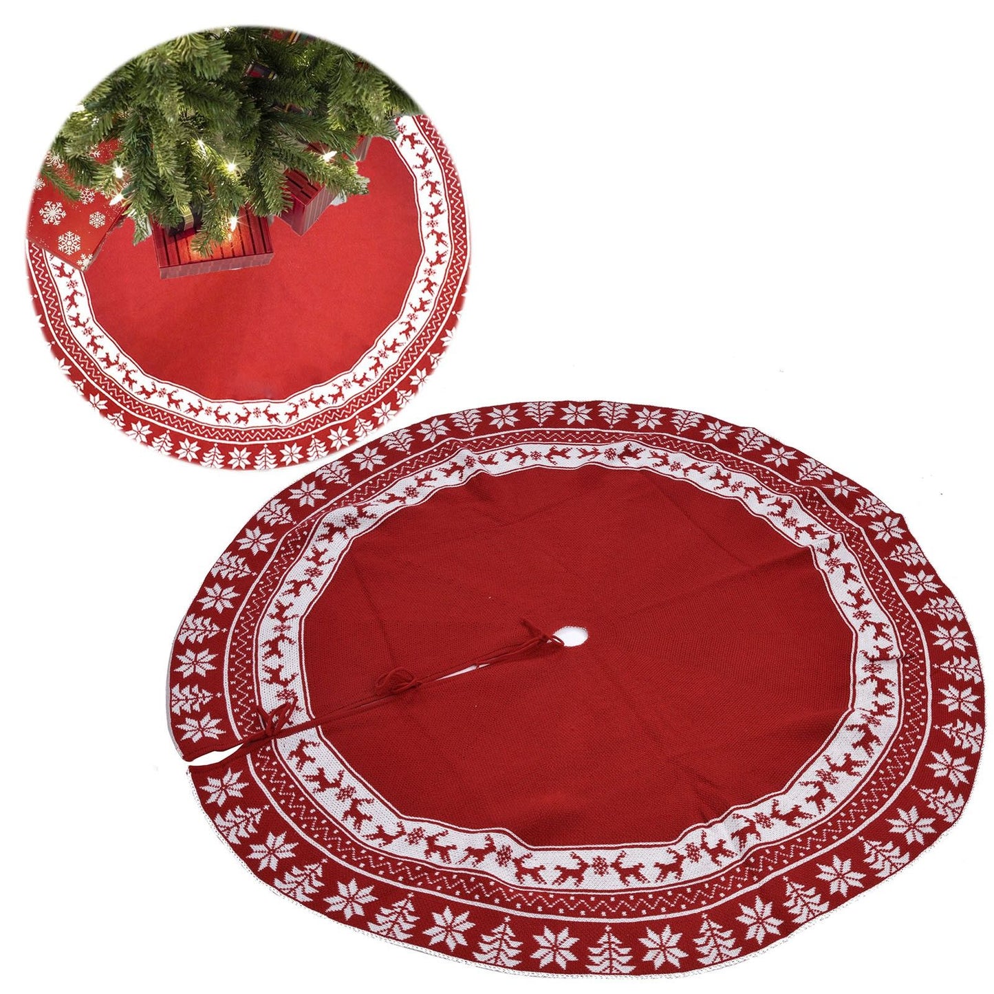 Knitted Christmas Tree Skirt Reusable Xmas Tree Stand Mat Floor Protector Home Party DecorationRed V1294-YM0523-3115210223911