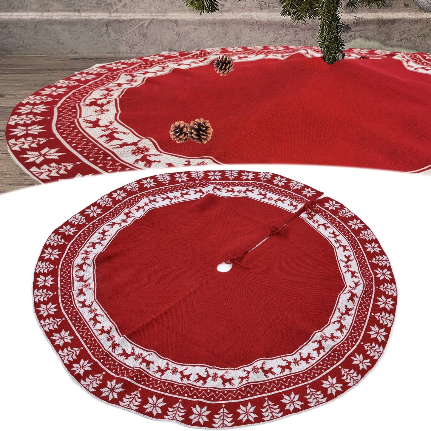 Knitted Christmas Tree Skirt Reusable Xmas Tree Stand Mat Floor Protector Home Party DecorationRed V1294-YM0523-3115210223911
