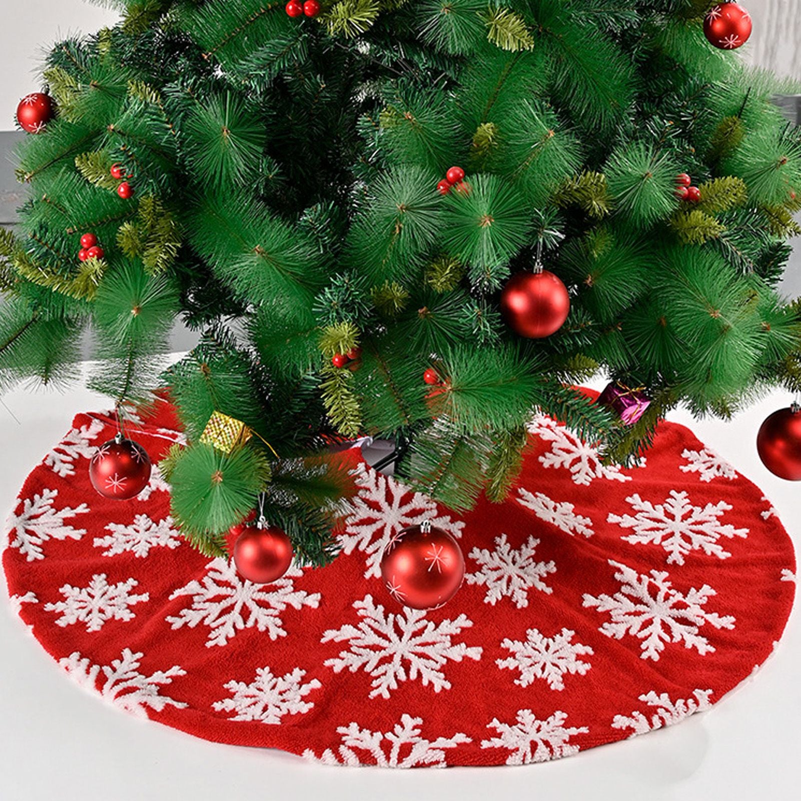 Christmas Tree Skirt White Snowflake Pattern Xmas Tree Mat for Holiday Party Decorations122cm/48.0in V1294-YM0523-3115210224011