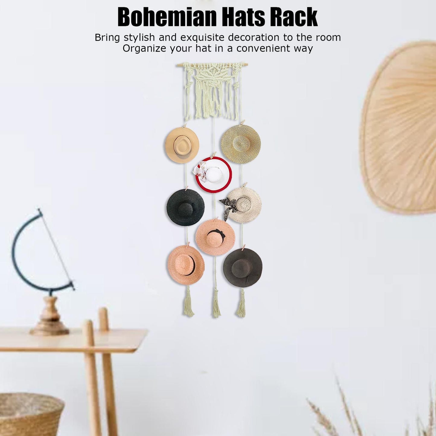 Boho Hat Wall Hanging Rack Cotton Rope Woven Bohemian Caps Holder for Home Office StudioType B V1294-YM0523-3115210224912