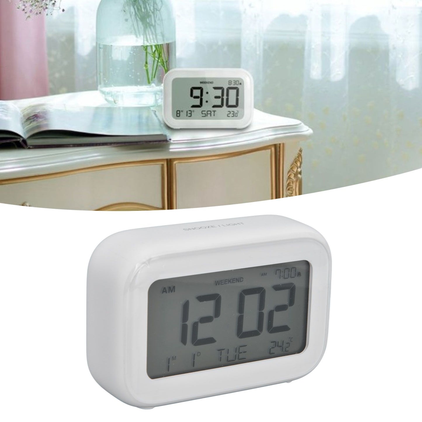 Mini Digital Alarm Clock with LCD Screen Snooze Function 12H 24H Formats for Bedroom Travel Office White V1294-YM0523-3115210226511