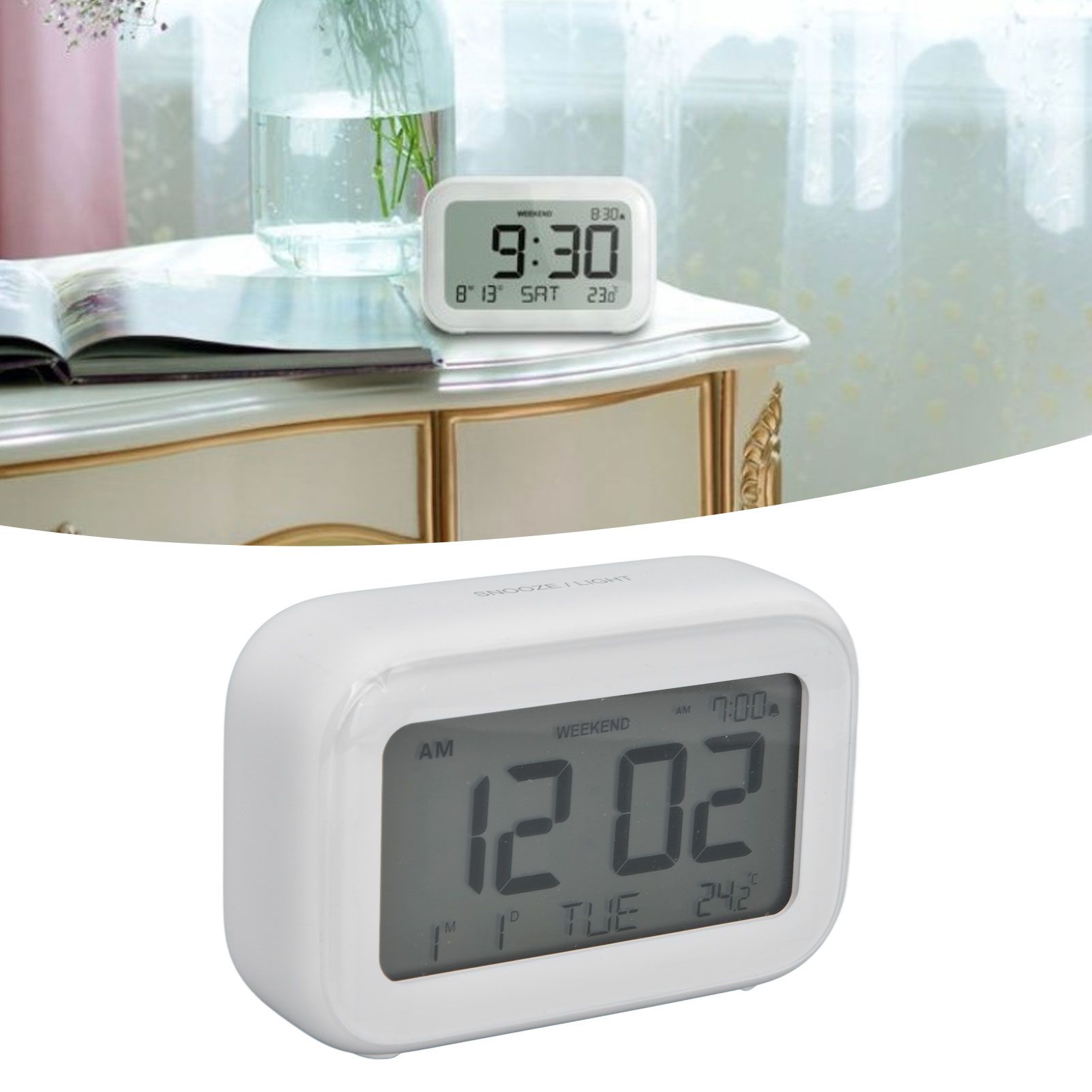 Mini Digital Alarm Clock with LCD Screen Snooze Function 12H 24H Formats for Bedroom Travel Office White V1294-YM0523-3115210226511