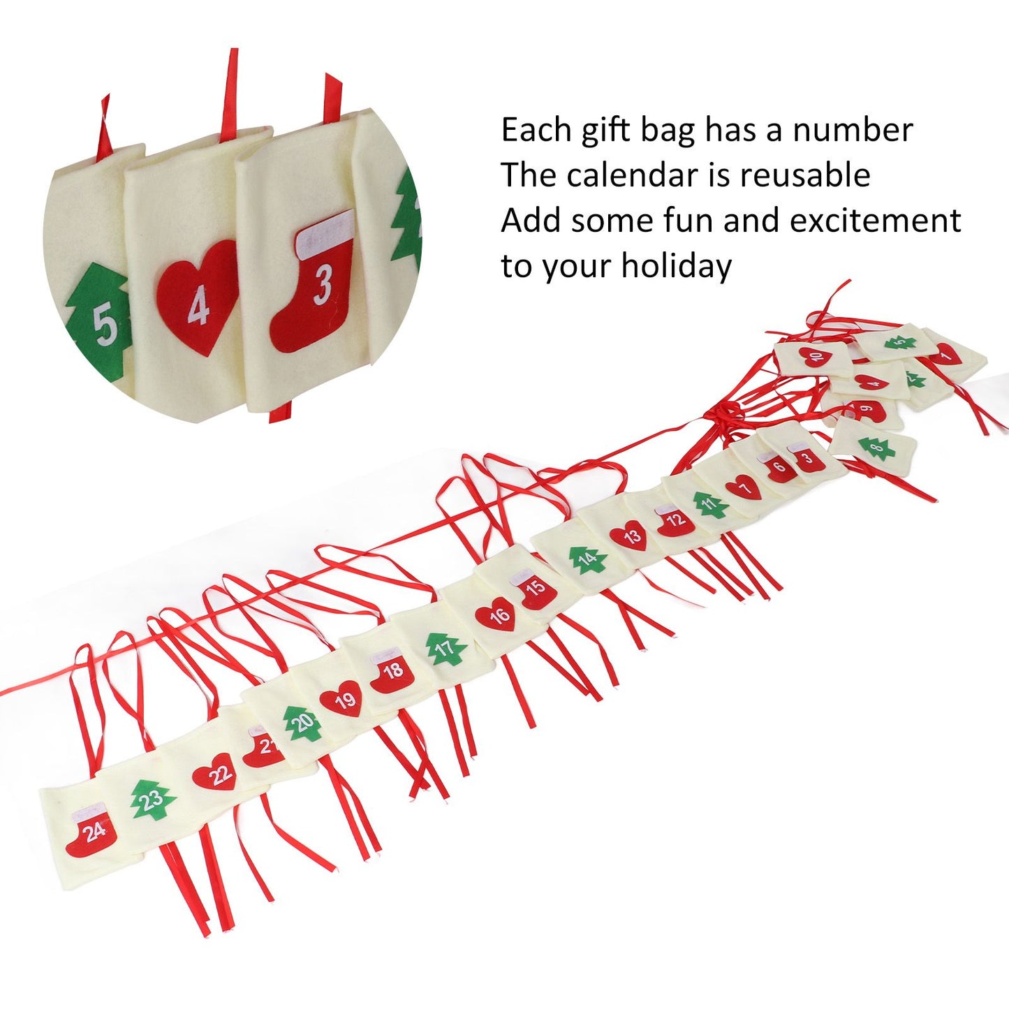 Christmas Advent Calendar Bags Hanging 24 Days Countdown Calendar Pocket for Party Celebration Decoration V1294-YM0523-3115210230311