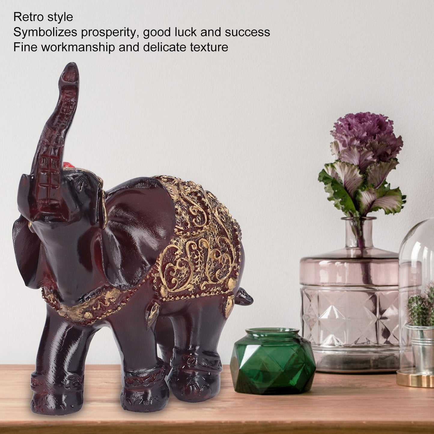 Elephant Figurines Durable Resin Delicate Texture Retro Style Symbolize Power Good Luck Prosperity Elephant V1294-YM0523-3115210295511