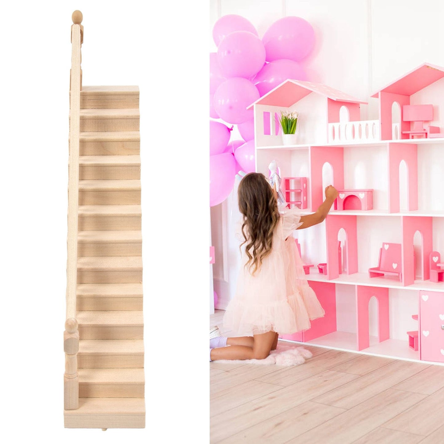 Doll House Stairs Glossy Rounded Corners Birch Material DIY Vivd Cute 1/12 Scale Miniature Staircase for V1294-YM0523-3115220005712