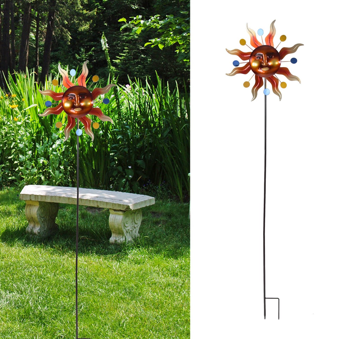 Sun Windmill Iron Weather Resistant Decorative Flower Wind Spinner with Ground Stake for Patio Yard Garden V1294-YM0523-3115220010211