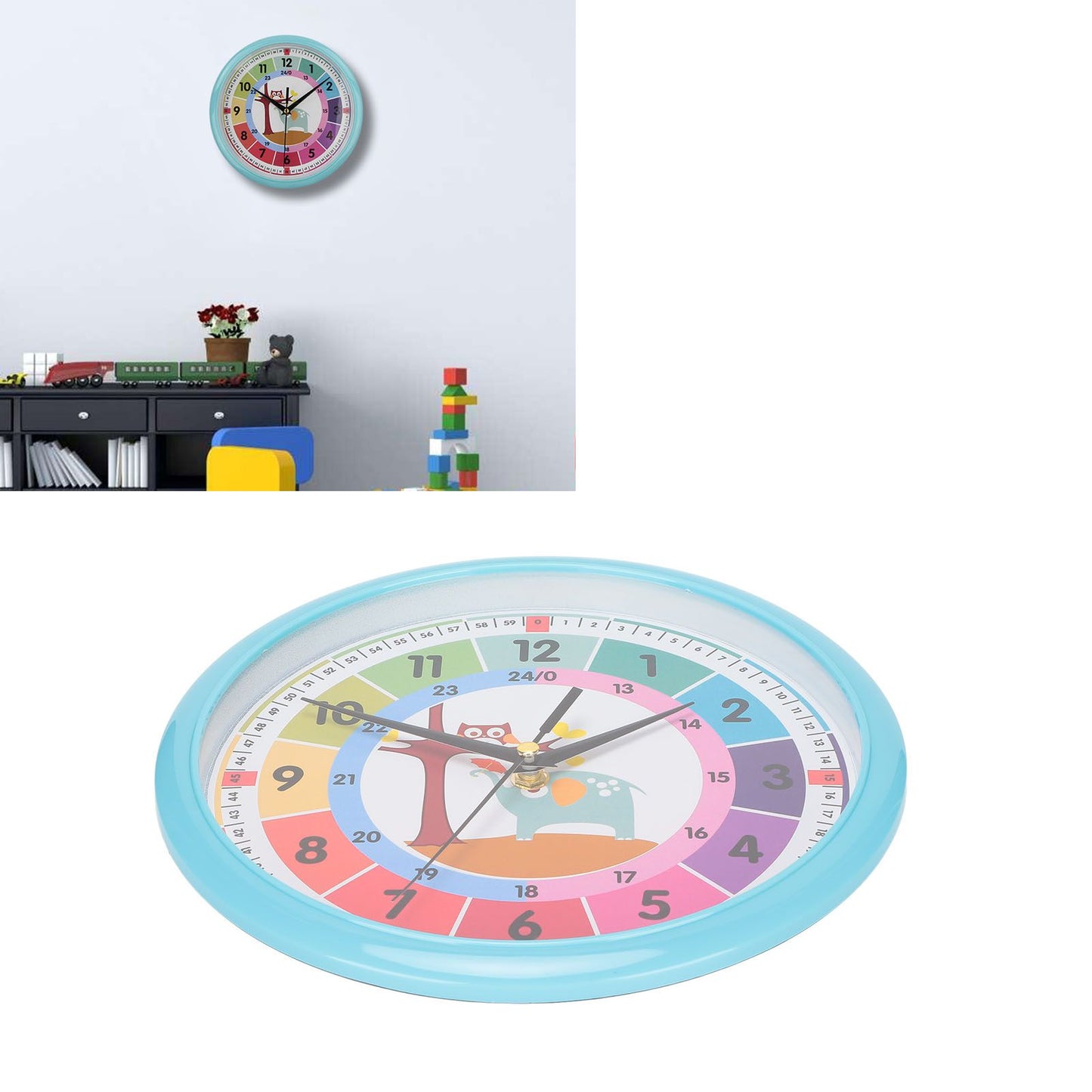 Wall Clock Plastic Cartoon Colorful Quartz Time Learning Hanging Clock for Kid's Bedroom ClassroomBlue V1294-YM0523-3115220013411