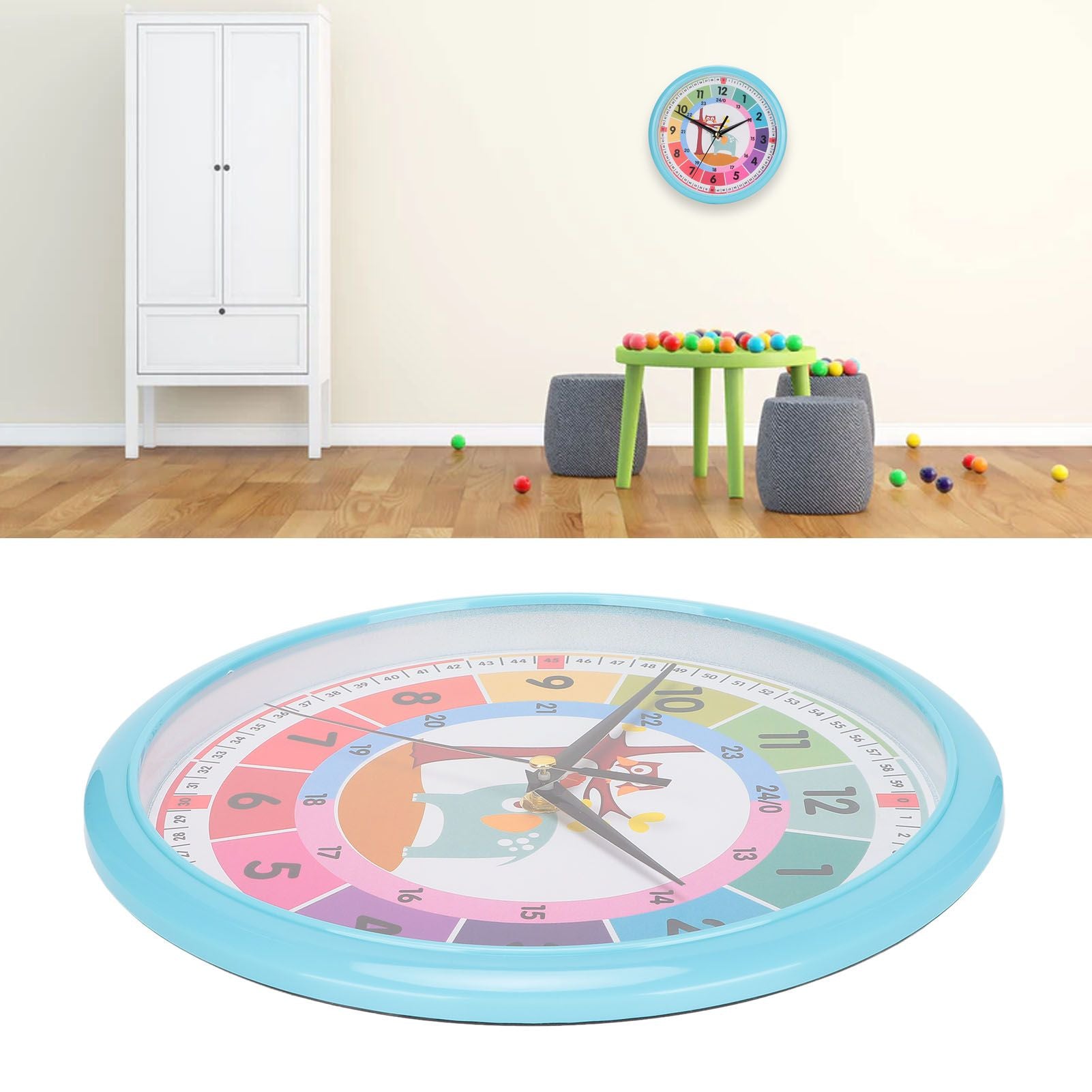 Wall Clock Plastic Cartoon Colorful Quartz Time Learning Hanging Clock for Kid's Bedroom ClassroomBlue V1294-YM0523-3115220013411