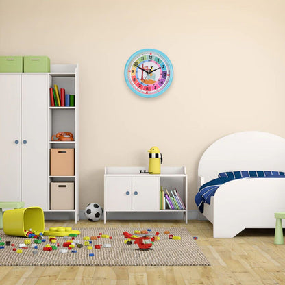 Wall Clock Plastic Cartoon Colorful Quartz Time Learning Hanging Clock for Kid's Bedroom ClassroomBlue V1294-YM0523-3115220013411