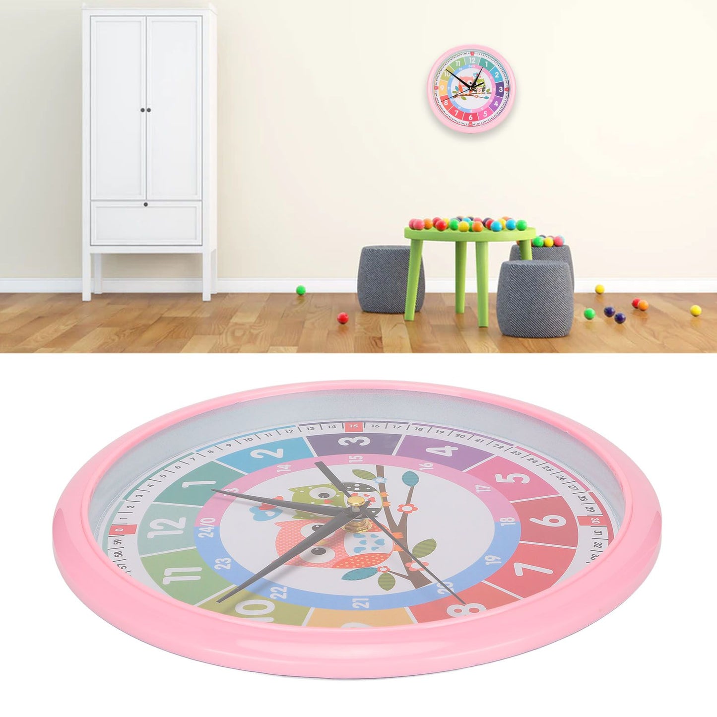 Wall Clock Plastic Cartoon Colorful Quartz Time Learning Hanging Clock for Kid's Bedroom ClassroomPink V1294-YM0523-3115220013412