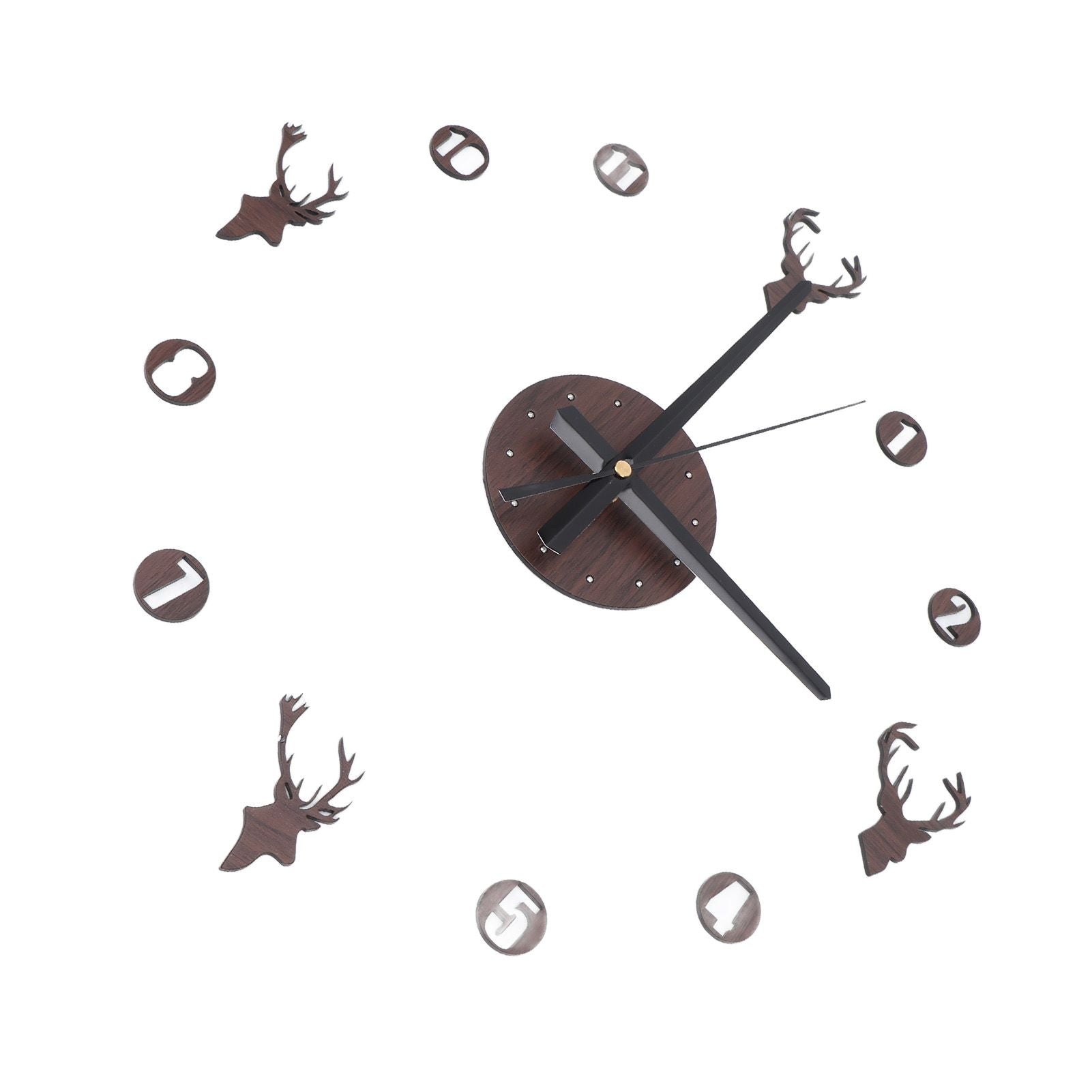 Frameless Wall Clock Deer Head 3D Effect Self Adhesive DIY Clock with Silent Movement for Living Room Bedroom V1294-YM0523-3115220016511