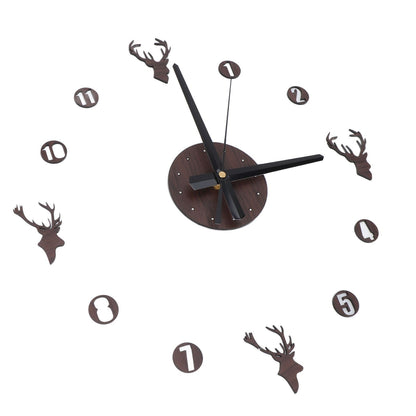 Frameless Wall Clock Deer Head 3D Effect Self Adhesive DIY Clock with Silent Movement for Living Room Bedroom V1294-YM0523-3115220016511