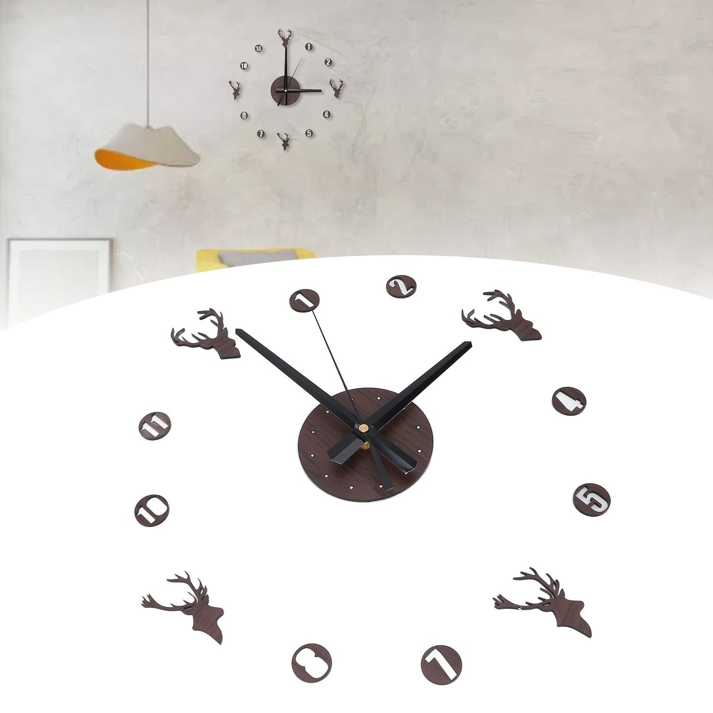 Frameless Wall Clock Deer Head 3D Effect Self Adhesive DIY Clock with Silent Movement for Living Room Bedroom V1294-YM0523-3115220016511